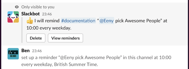 Screenshot Slack confirming a reminder has been set